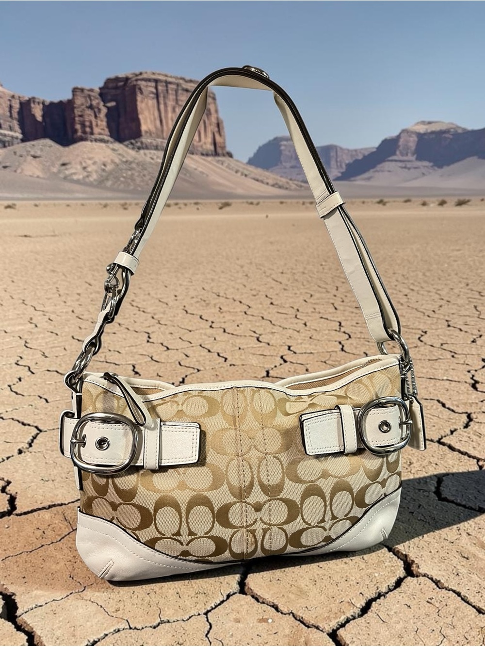 Coach Tan Signature Canvas Shoulder Bag with Chalk Trim